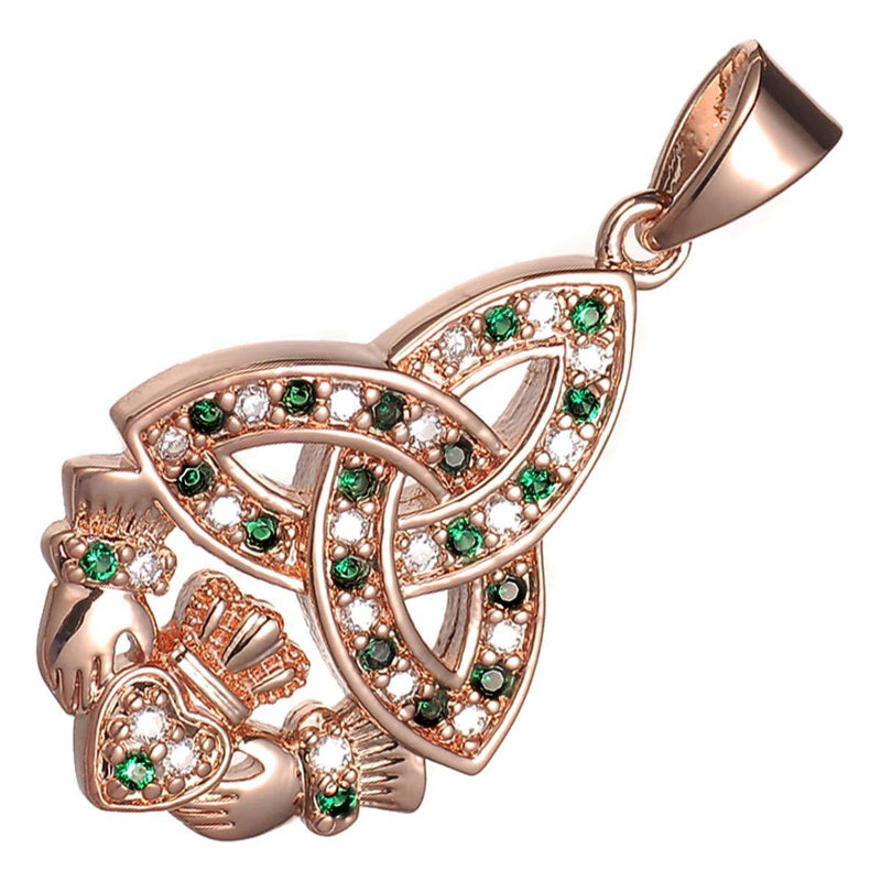 [Australia] - GWG Jewellery Women Necklace Gift 18K Rose Gold Plated Celtic Trinity Knot Paved with Coloured Zircon Stones Unusual Claddagh Love Pendant Necklace for Women Emerald Green 