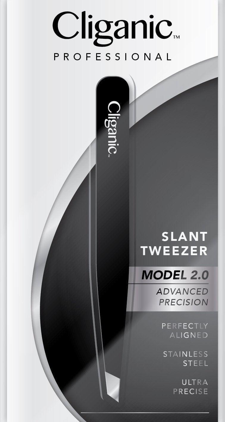 [Australia] - Professional Eyebrow Tweezers Precision Slant Tip 2.0 Black (Improved Model) | Hair Tweezer for Men & Women, Stainless Steel | Best for Plucking Chin Facial Hair | Cliganic 90 Days Warranty 