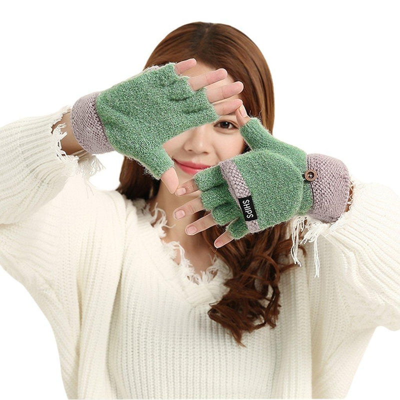 [Australia] - 2 in 1 Winter Warm Stretchy Knitted Half Finger Full-Finger Gloves Mittens Hand Warmer for Women Teen Girls Boys, Great Christmas New Year Birthday Gift Green 