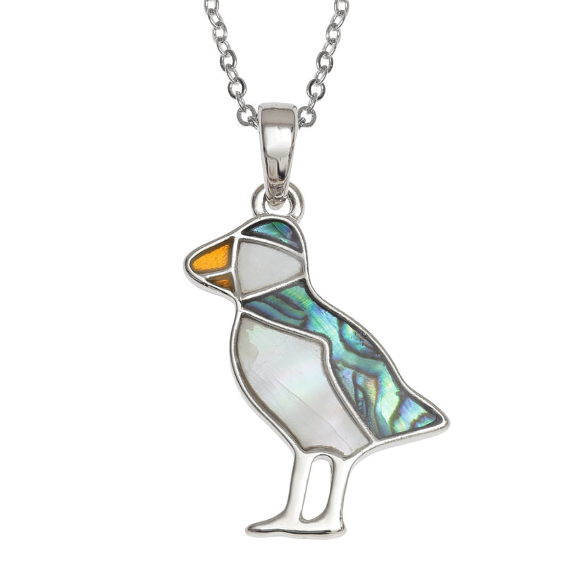 [Australia] - Kiara Jewellery Puffin Pendant Necklace Inlaid With Natural Green And Mother Of Pearl Paua Abalone Shell on 18" Trace Chain. Non Tarnish Silver Colour Rhodium plated. 
