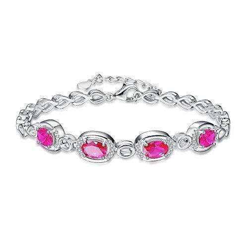 [Australia] - BONLAVIE Women's Oval Cut Birthstone& White CZ 925 Sterling Silver Hollow Teardrop Link Adjustable Bracelets 17.5cm+ 4cm Created-ruby 