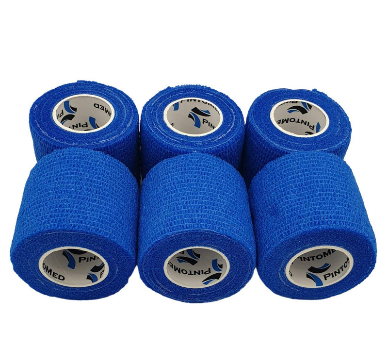 [Australia] - PintoMed - BLUE Cohesive Bandage Stretched 6 Rolls x 5cm x 4.5m Self-adhesive Flexible Bandages, Professional Quality, First Aid Sports Wrap Bandages - Pack of 6 