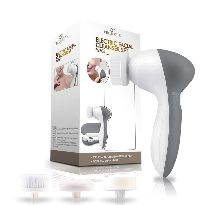 [Australia] - Project E Beauty Electric Facial Cleanser Set | 360¬∞ Rotating Deep Cleansing Beauty Brush Battery Powered Portable Face Cleanser Set with 3 Peeling Exfoliating Brush Head 