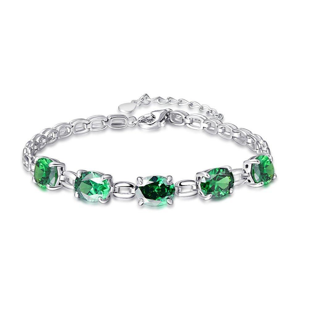 [Australia] - BONLAVIE Women's 925 Sterling Silver Oval Cut Created Amethyst/Garnet/Tanzanite/Emerald/Ruby Square Link Chain Adjustable Bracelet 16+ 4cm Created-emerald 