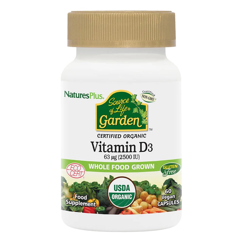 [Australia] - NaturesPlus Source of Life Garden Vitamin D3 2500IU Capsules - Organic and Vegan Vitamin D3 Supplement for Bone and Immune Support - Gluten Free - 60 Servings 