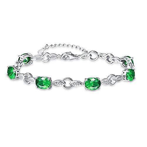 [Australia] - BONLAVIE Women's Oval Cut Birthstone& White CZ 925 Sterling Silver Willow Shape Link Adjustable Bracelet 16.5cm+ 4cm Created-emerald 