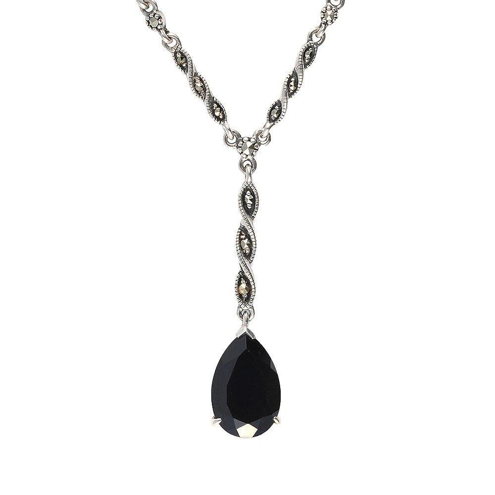 [Australia] - Esse Marcasite Sterling Silver Black Spinel and Marcasite Teardrop Necklace 