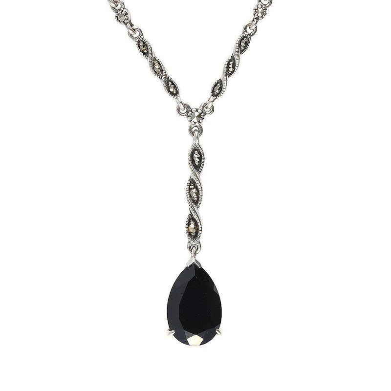 [Australia] - Esse Marcasite Sterling Silver Black Spinel and Marcasite Teardrop Necklace 