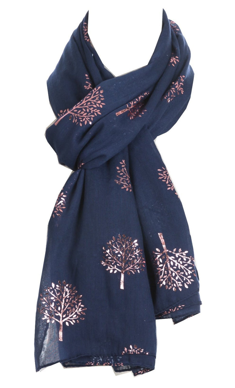 [Australia] - World of Shawls Silver Foil Mulberry Tree Print Fashion Scarf Navy Blue With Pink Foil Mulberry Tree 