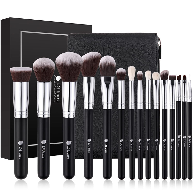 [Australia] - DUcare Travel Makeup Brushes 15pcs Professional Cosmetic Brushes Foundation Powder Contour Blush Eye Brush Gift Sets With Luxury Cosmetic Bag for Journey Carry black 