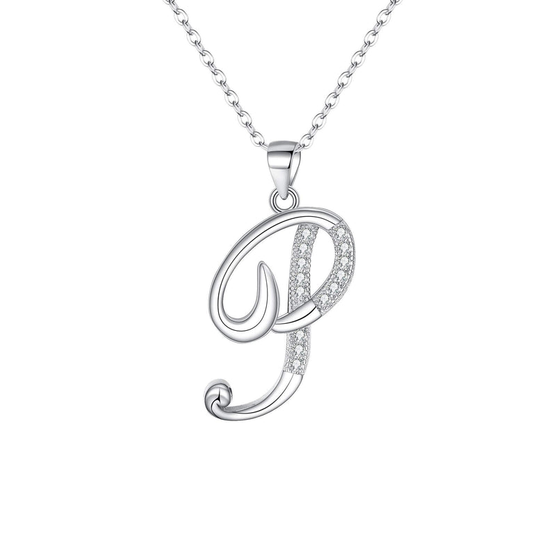 [Australia] - EVER FAITH 925 Sterling Silver CZ Cursive Initial Alphabet Letter P Adjustable Pendant Necklace Clear 