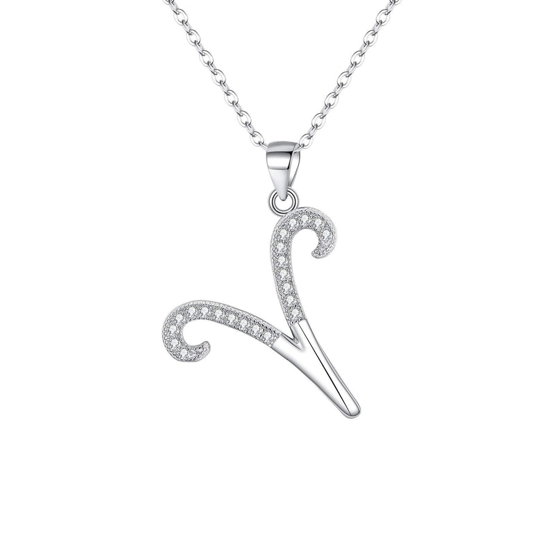 [Australia] - EVER FAITH 925 Sterling Silver CZ Cursive Initial Alphabet Letter V Adjustable Pendant Necklace Clear 