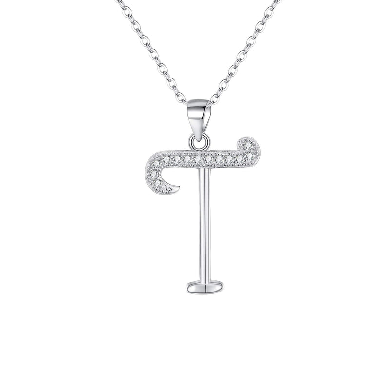 [Australia] - EVER FAITH 925 Sterling Silver CZ Cursive Initial Alphabet Letter T Adjustable Pendant Necklace Clear 