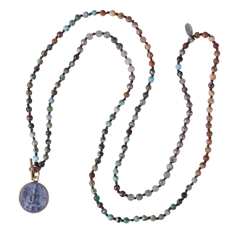 [Australia] - KELITCH Buddha Pendant Necklaces Natural Stone Beaded Necklaces Handmade Long Chain Strands Necklaces Jewelry for Women (Blue 93A) 