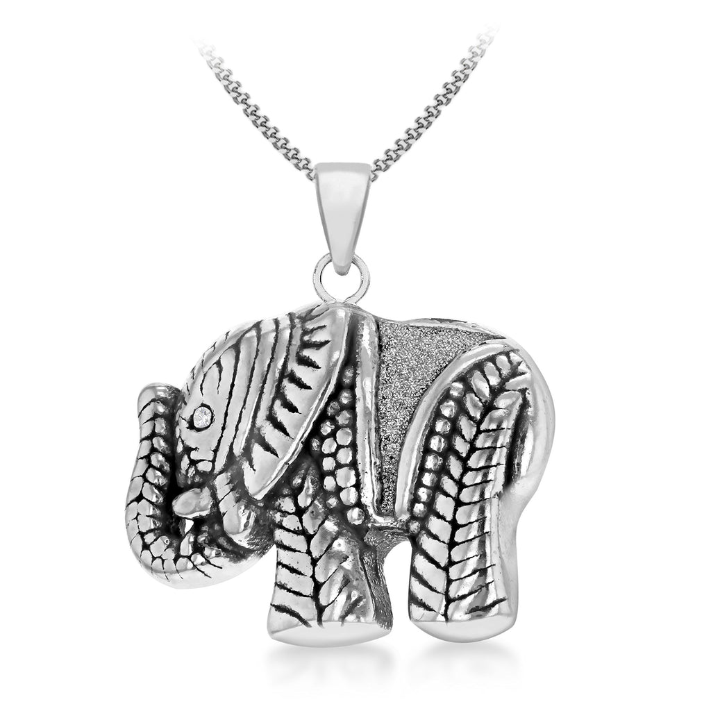 [Australia] - Tuscany Silver Sterling Silver Oxidised Cubic Zirconia Antique Style Patterned Elephant Pendant Necklace, 46 cm/18 Inch 