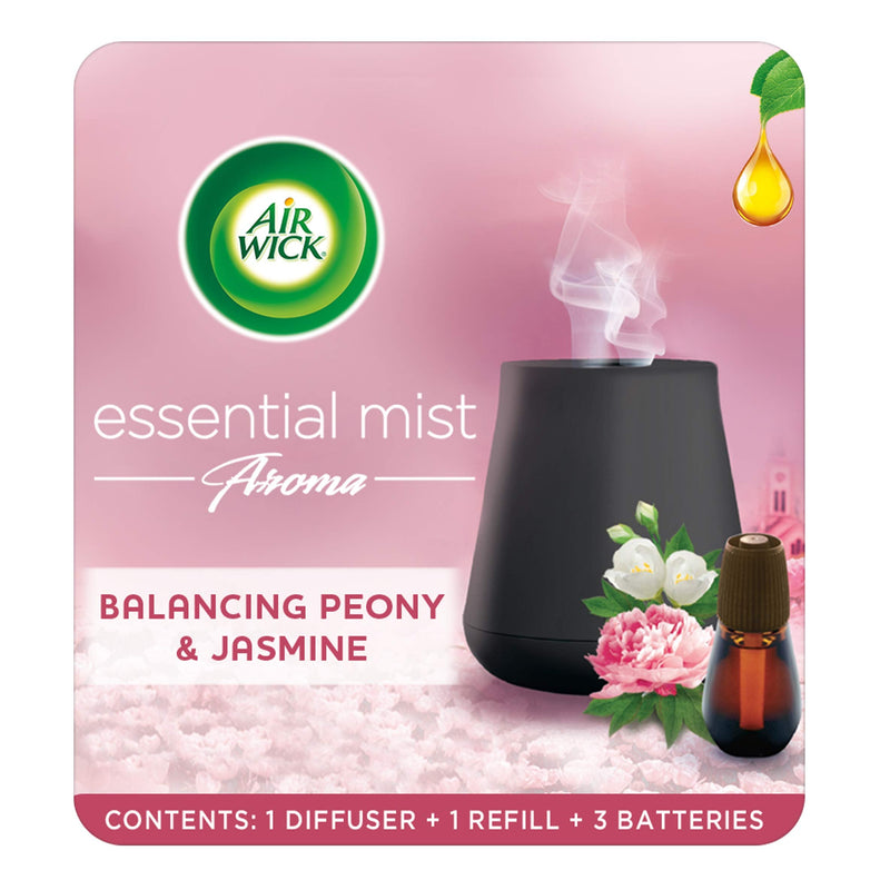 [Australia] - Airwick Essential Mist Kit, Essential Oil Diffuser Air Freshener for Aromatherapy, Balancing Peony & Jasmine (1 x Diffuser and 1 x Refill), Lasts Up to 45 Days 
