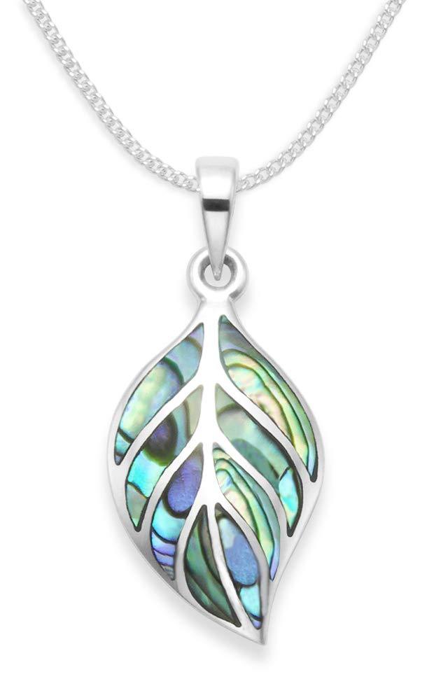[Australia] - Heather Needham Silver: Sterling Silver inlaid Paua shell necklace on 16" silver chain- Pendant Size: 21 x 12mm. Gift boxed silver leaf necklace. 8330PS 