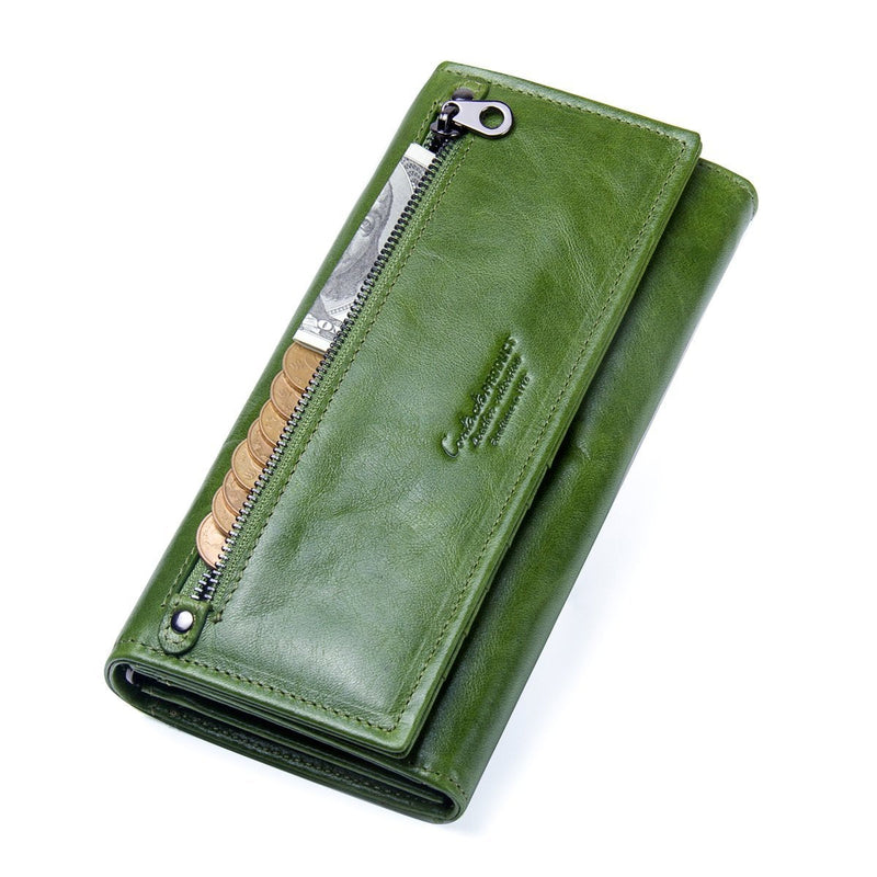 [Australia] - Contacts Womens Genuine Leather Card ID Coin Holder Zipper Clutch Purse Wallet (Green) 