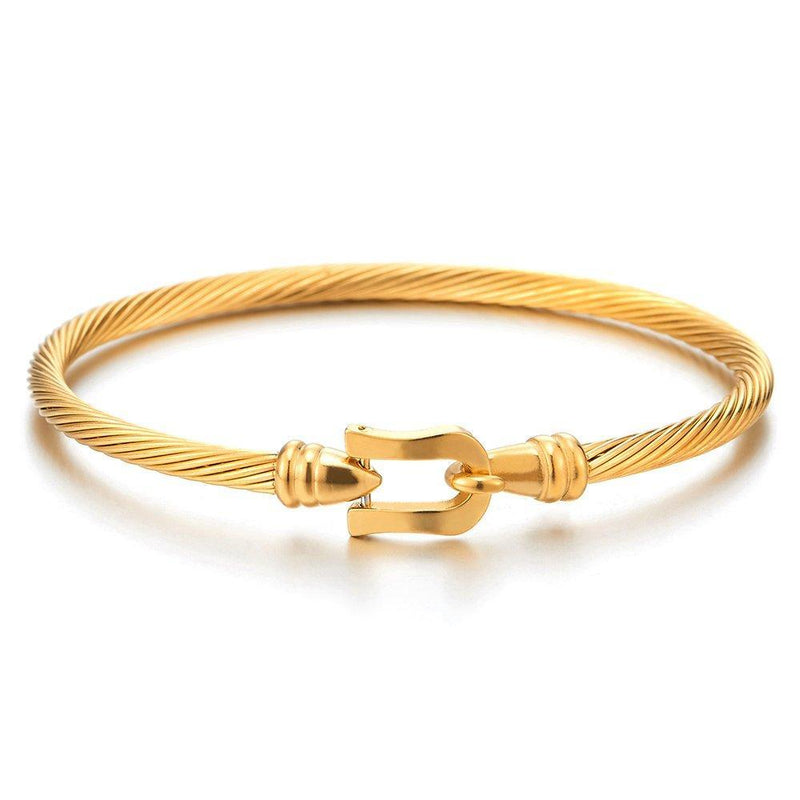 [Australia] - COOLSTEELANDBEYOND Stylish Gold Colro Stainless Steel Twisted Cable Bangle Bracelet with Hook Clasp for Women and Girls 