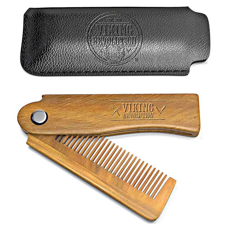 [Australia] - Folding Beard Comb w/Carrying Pouch for Men - All Natural Wooden Beard Comb w/Gift Box - Green Sandalwood Comb for Grooming & Combing Hair, Beards and Mustaches by Viking Revolution 