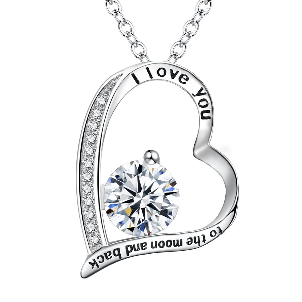 [Australia] - FANZE Women's 925 Sterling Silver CZ"I Love You To The Moon and Back" Heart Pendant Necklace Clear 