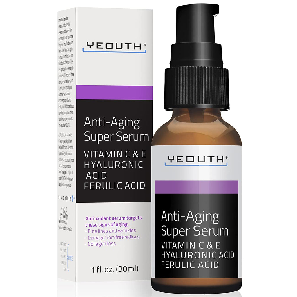 [Australia] - Anti-aging Super Serum, Ferulic Acid, Vitamin C, Vitamin E, Hyaluronic Acid by YEOUTH. Night Cream and Day Cream. Face Cream Reduces Visible Signs Of Aging, Wrinkles, Fine Lines - 1oz 