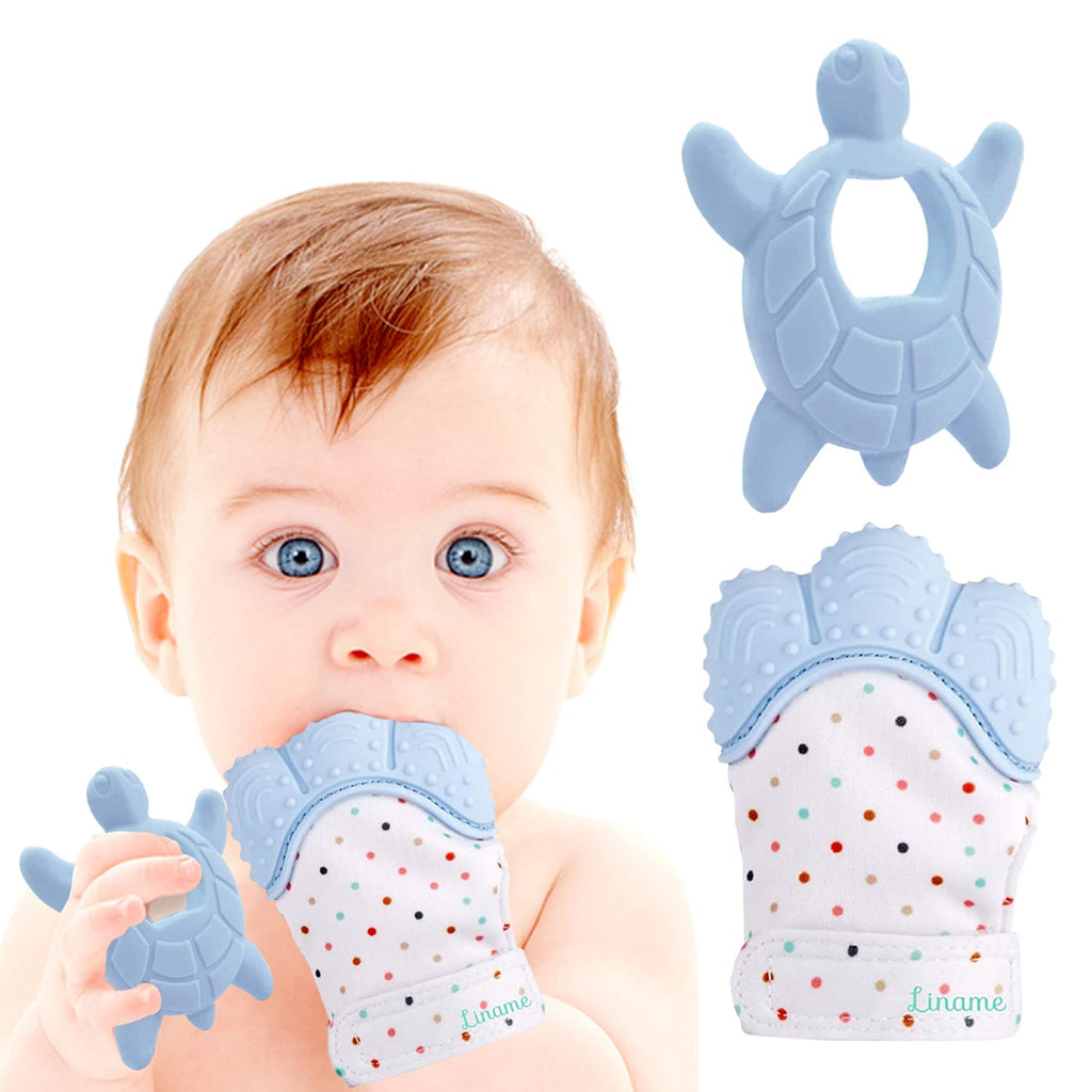 [Australia] - Liname Baby Teething Set Includes Teething Mitten for Babies & Teething Toy - Baby Chew Toy and Teething Glove - Safe(BPA Free) Infant Teething Mitt - Baby Teether Toy - Hand Teether for Babies Blue 