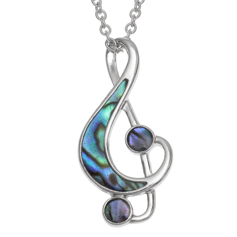 [Australia] - Kiara Jewellery Music Note Pendant Necklace Inlaid With Bluish Green Paua Abalone Shell on 18" Trace Chain. Non Tarnish Silver Colour Rhodium plated. 