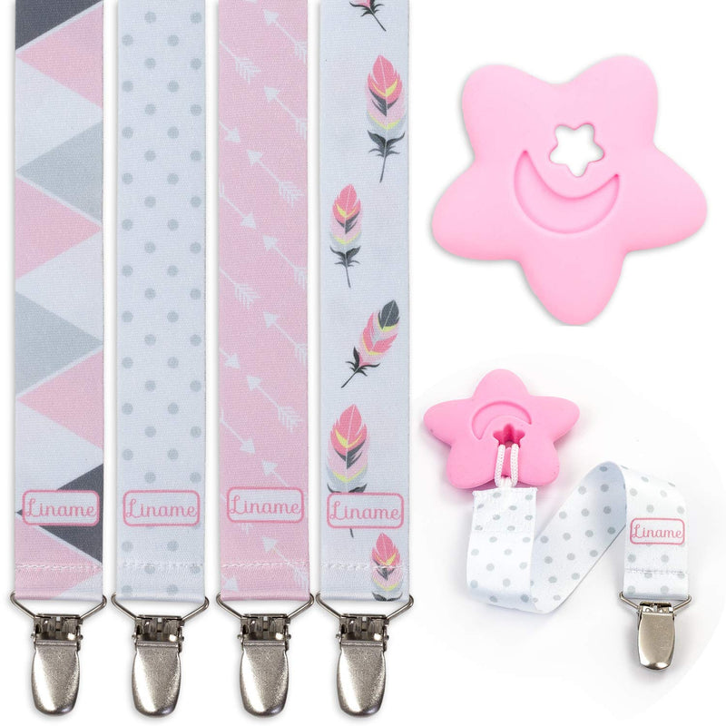 [Australia] - Liname Dummy Clip for Girls Boys with Bonus Teething Toy - 4 Pack Gift Packaging - Premium Quality & Unique Design - Dummy Clips Fit All Dummies & Soothers - Perfect Baby Gift (Pink, Metal Clip) Pink 