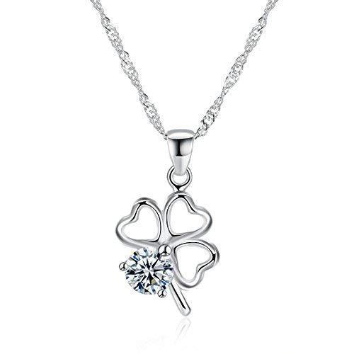 [Australia] - IzuBizu London Womens 925 Sterling Silver Clover White Crystal Flower Heart Four Leaf Diamond Pendant Necklace 