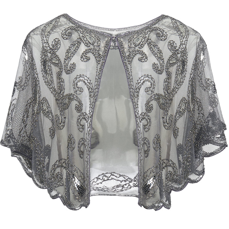 [Australia] - ArtiDeco Women's 1920s Shawl Sequin Beaded Art Deco Evening Cape Vintage Shawl Wraps (Gray)(Size: Free) 