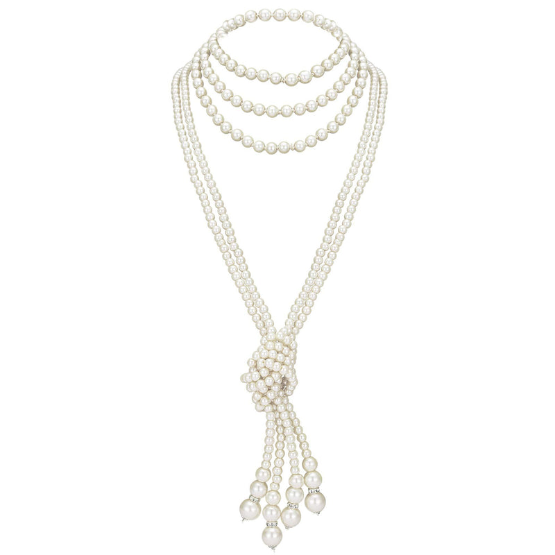 [Australia] - ArtiDeco Gatsby Long Knot Pearl Necklace 1920s Imitation Pearls Necklace 49" and 59" Flapper Necklace (49” x 2+59''X1/White) 