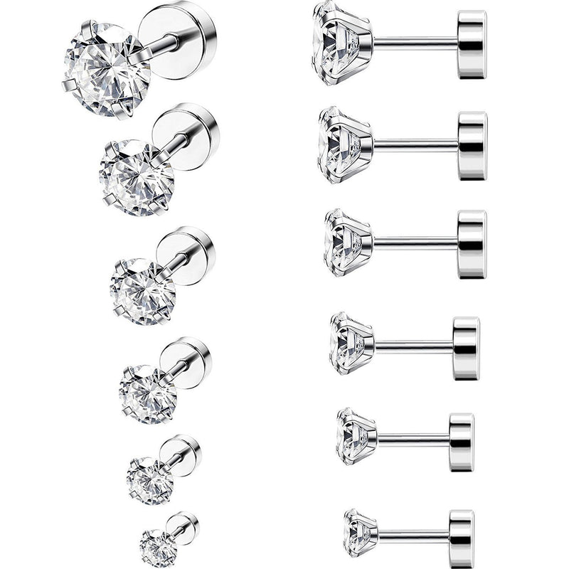 [Australia] - 6 Pairs 18G Stainless Steel Cubic Zirconia Studs Earrings Cartilage Ear Helix Tragus Barbell Piercings, 6 Size 