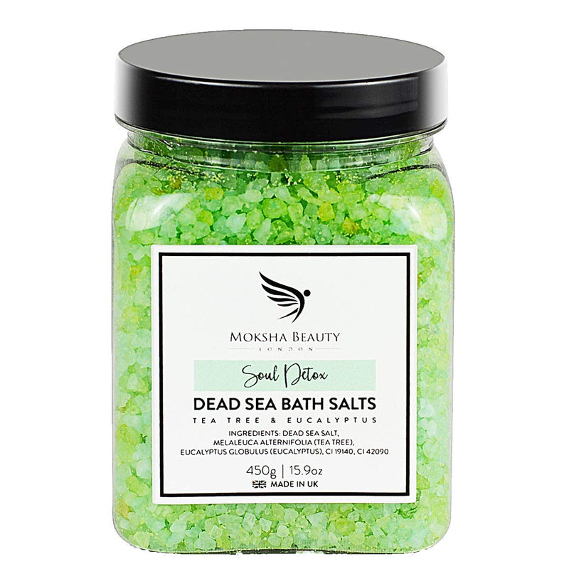 [Australia] - Tea Tree Foot Soak Aromatherapy Bath Salts - Made in UK (450g) Natural Dead Sea Salts for Women, Men, Girls and Kids. Luxury Detox with Tea Tree Essential Oils 