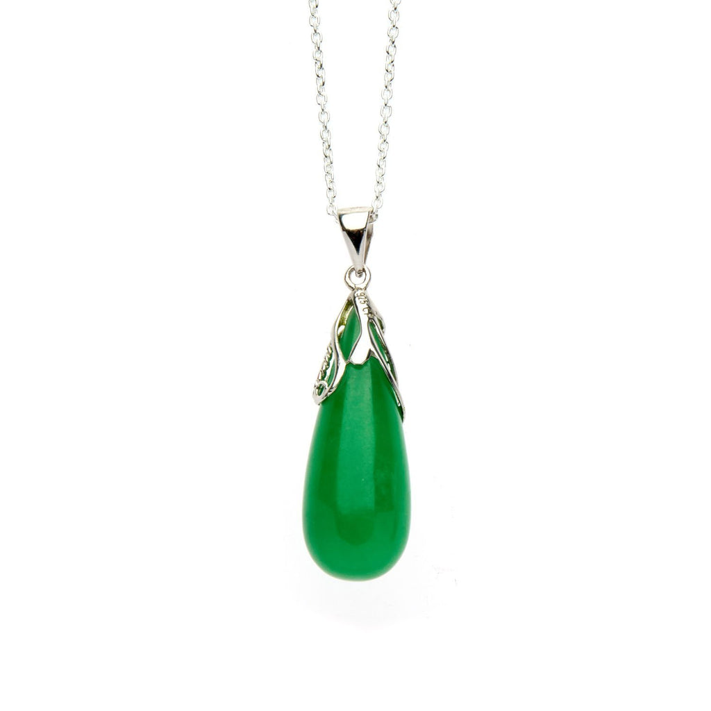 [Australia] - Oriental Green Jade Drop Pendant Necklace With Sterling Silver 18 Inch Necklace 