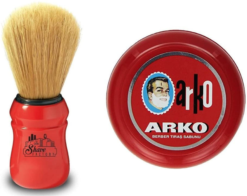 [Australia] - Arko/Omega Shaving Soap- 90g, Bowl Case + Omega Shaving Brush, Natural Boar Bristle, Red 