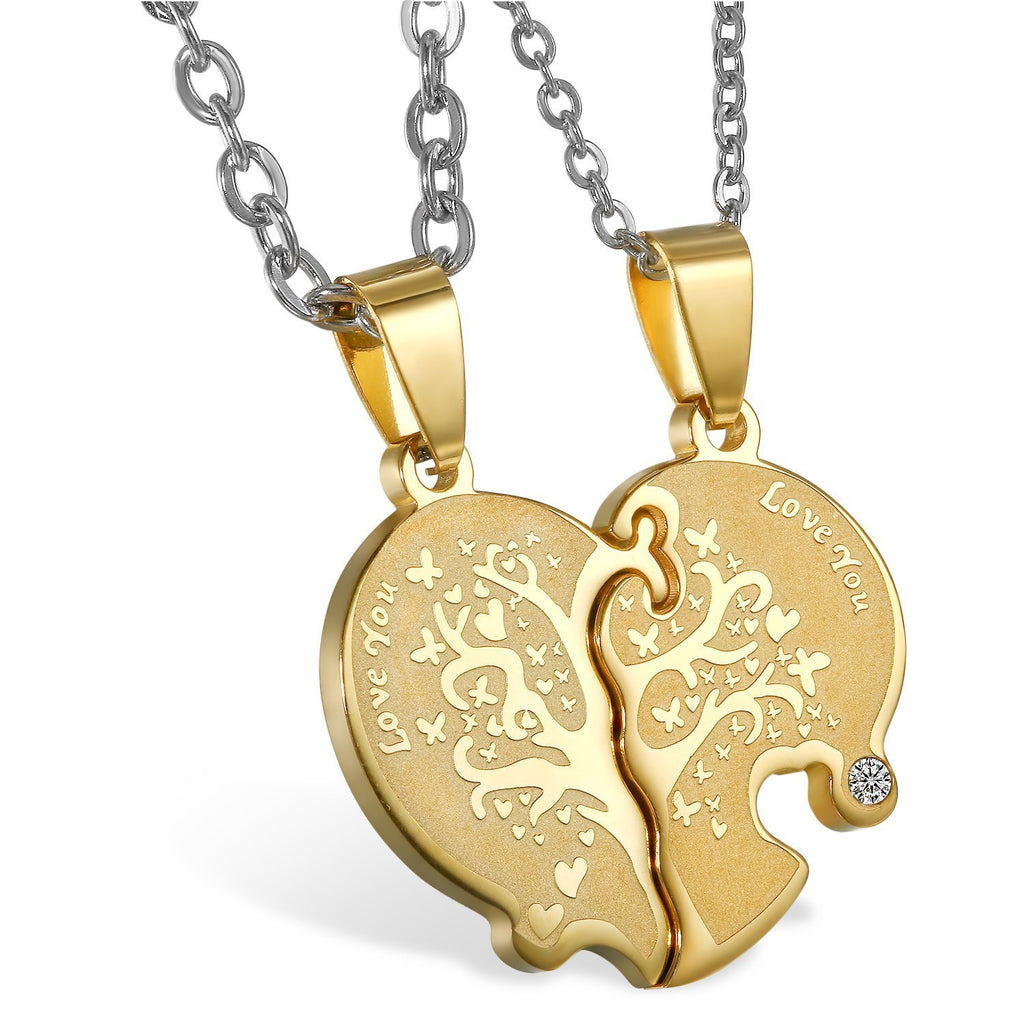 [Australia] - JewelryWe Jewellery 2 Friendship Necklaces, Stainless Steel Heart Partner Pendant Necklace with Engraving "Love You" Tree of Life, Couple Pendant Necklace for Women Men, Customisable Gold 