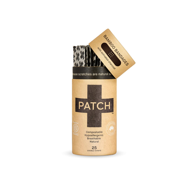 [Australia] - PATCH Bamboo Plasters for Bites & Splinters Hypoallergenic Wound Care for Sensitive Skin, Latex Free, Activated Charcoal, 25pcs 1 Pack (25 Plasters) 