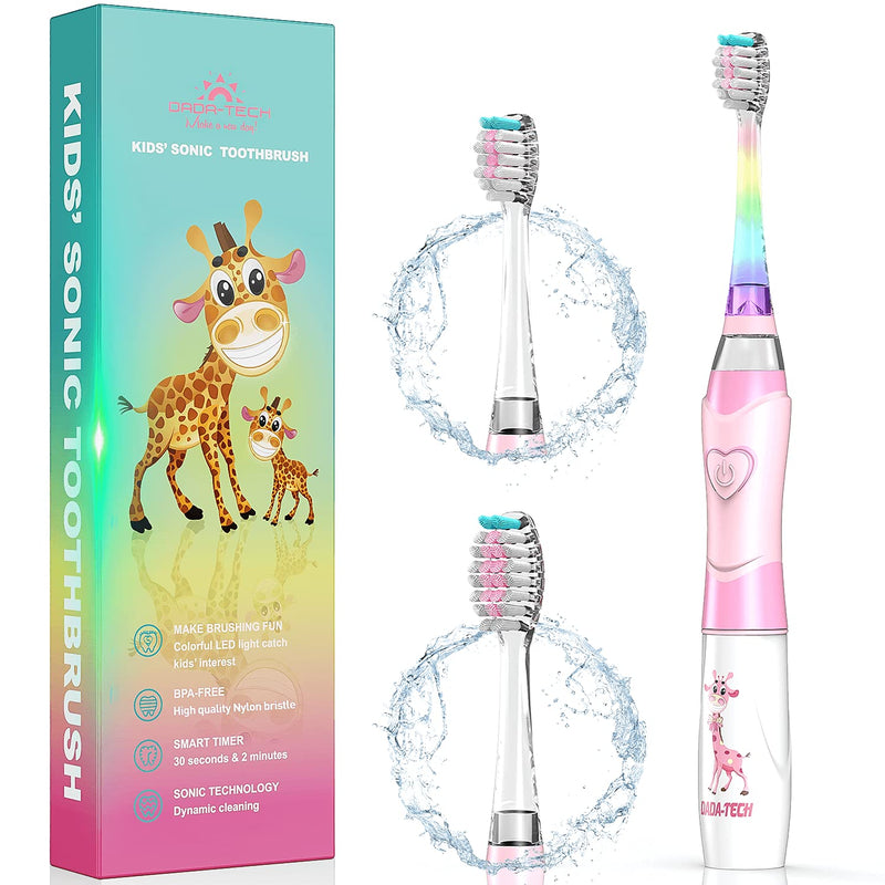 [Australia] - Dada-Tech Kids Electric Toothbrush, Sonic Childrens Battery Powered Soft Tooth Brush with Timer for Junior Boys and Girls Ages 3+, Rainbow Flashing LED Light, Waterproof, 3 Brush Heads (Pink) Pink 