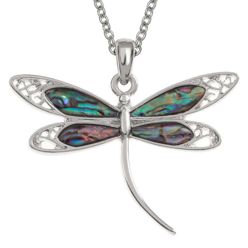 [Australia] - Kiara Jewellery Large Dragonfly Pendant Necklace Inlaid With Natural Greenish Blue Paua Abalone Shell on 18" Trace Chain. Non Tarnish Silver Colour Rhodium plated. 