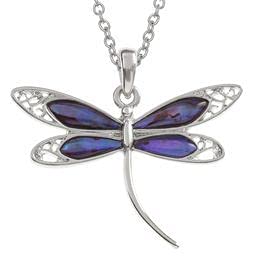 [Australia] - Kiara Jewellery Large Dragonfly Pendant Necklace Inlaid With Natural Purple Paua Abalone Shell on 18" Trace Chain. Non Tarnish Silver Colour Rhodium plated. 