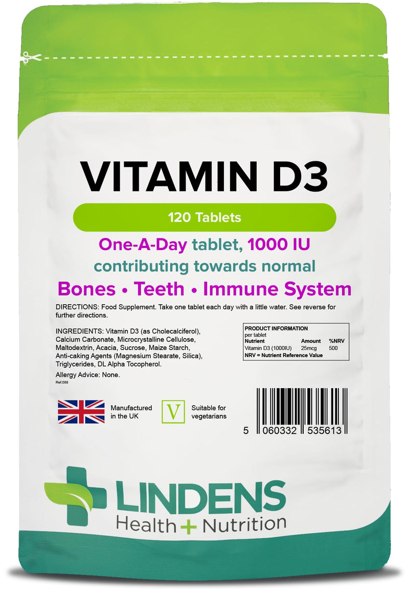 [Australia] - Lindens Vitamin D3 1000IU - 120 Tablets - Immune System, Bones, Teeth, UK Manufacturer Immune Support | (4 Months Supply) | Suitable for Vegetarians | Letterbox Friendly 