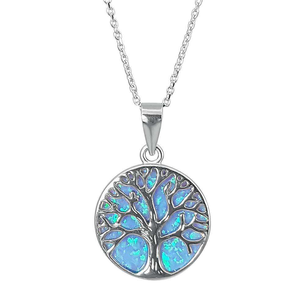 [Australia] - Kiara Jewellery 925 Sterling Silver Rhodium Plated Tree Of Life Pendant Necklace Set Upon A Disc Of Lab Blue Opal On 18" Italian Diamond Cut Rhodium Plated Trace Chain. 