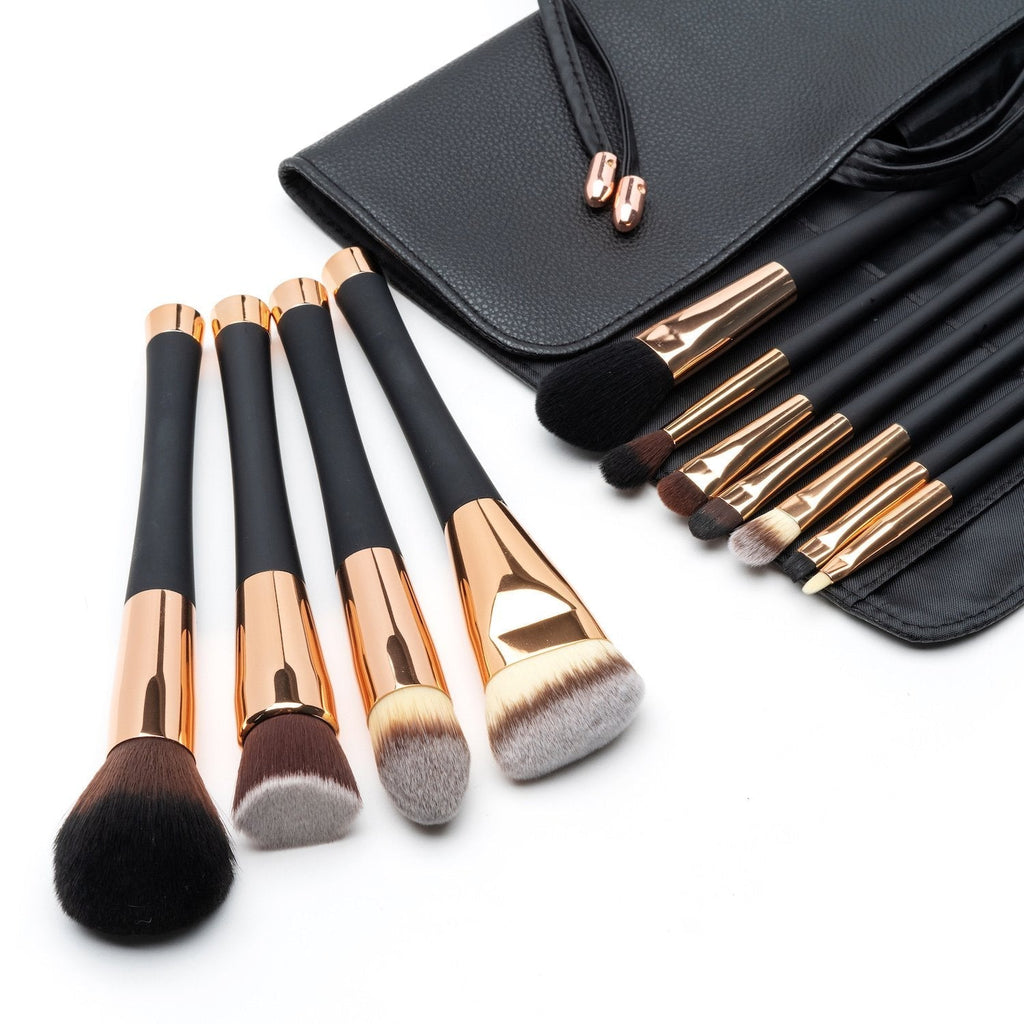 [Australia] - Fancii Professional Makeup Brush Collection, 11 Pcs Set High End Cosmetic Brush with Leather Travel Clutch, Cruelty Free Synthetic Bristles, Luxury Gold Limited Edition (Aria) 