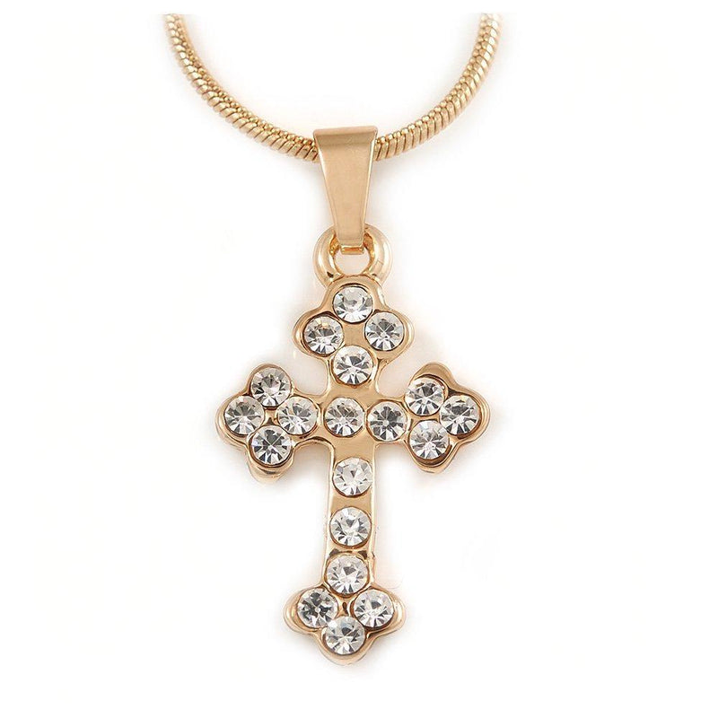 [Australia] - Avalaya Small Clear Crystal Cross Pendant with Gold Tone Snake Type Chain - 44cm L/ 4cm Ext 