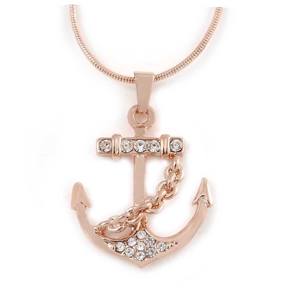 [Australia] - Avalaya Crystal Anchor Pendant with Rose Gold Tone Snake Style Chain - 44cm L/ 4cm Ext 