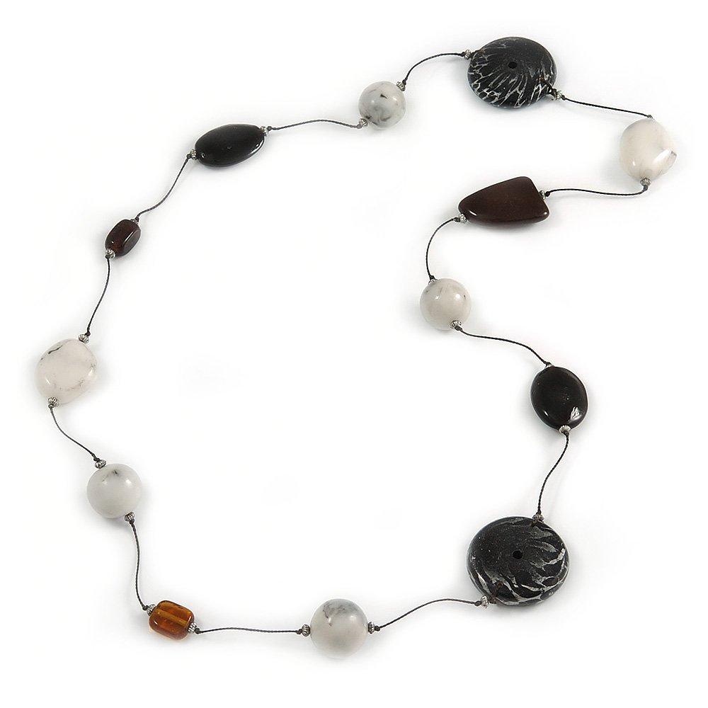 [Australia] - Avalaya Long Resin, Wood, Ceramic Bead Silk Cord Necklace (White, Black) - 92cm L 