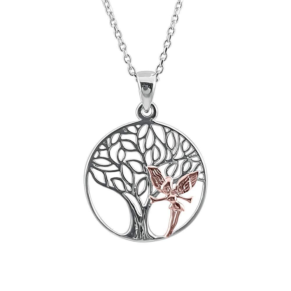 [Australia] - Kiara Jewellery 925 Sterling Silver Rhodium Plated Tree Of Life Pendant Necklace With 18 Karat Gold Plated Fairy Detail On 18" Italian Diamond Cut Trace Or Curb Chain. 