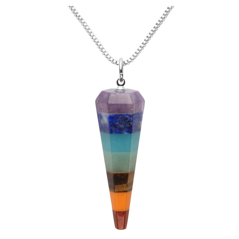 [Australia] - Jovivi 7 Chakra Gemstone Pendant Necklace with Hexagonal Pointed Energy Healing Crystal Pendulum-Dowsing,Scrying,Reiki 