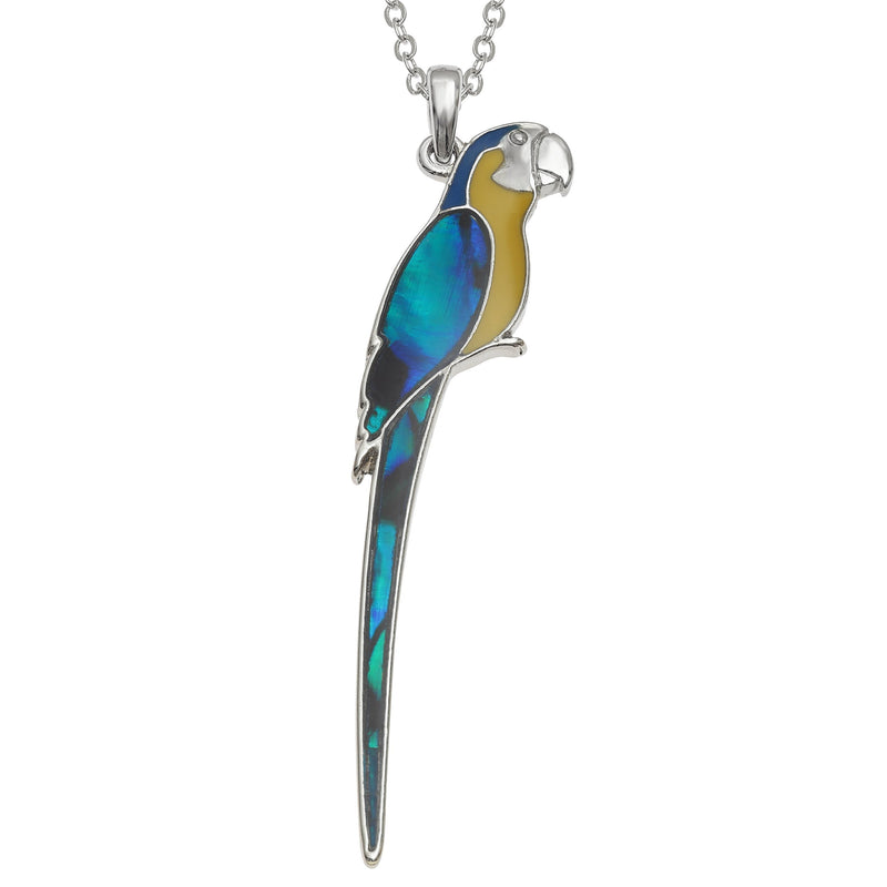[Australia] - Kiara Jewellery Perched Macaw Parrot Pendant Necklace Inlaid With Natural Greenish Blue Paua Abalone Shell And Yellow, Blue Epoxy on 18" Trace Chain. Non Tarnish Silver Colour Rhodium plated. 